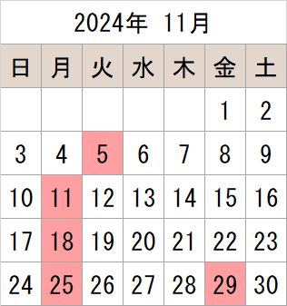 2024年11月のカレンダー 休館日 11月5日（火曜日） 11日（月曜日） 18日（月曜日） 25日（月曜日） 29日（金曜日）